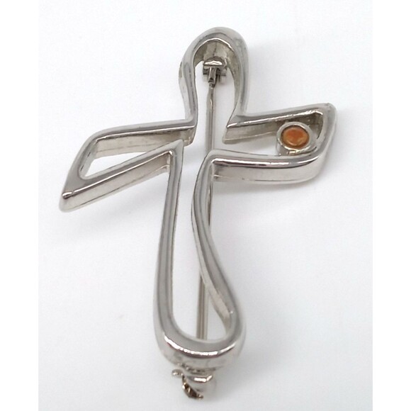 Camco Cross Brooch Pin Modernist Silver Tone Amber Accent Vintage - Picture 12 of 17